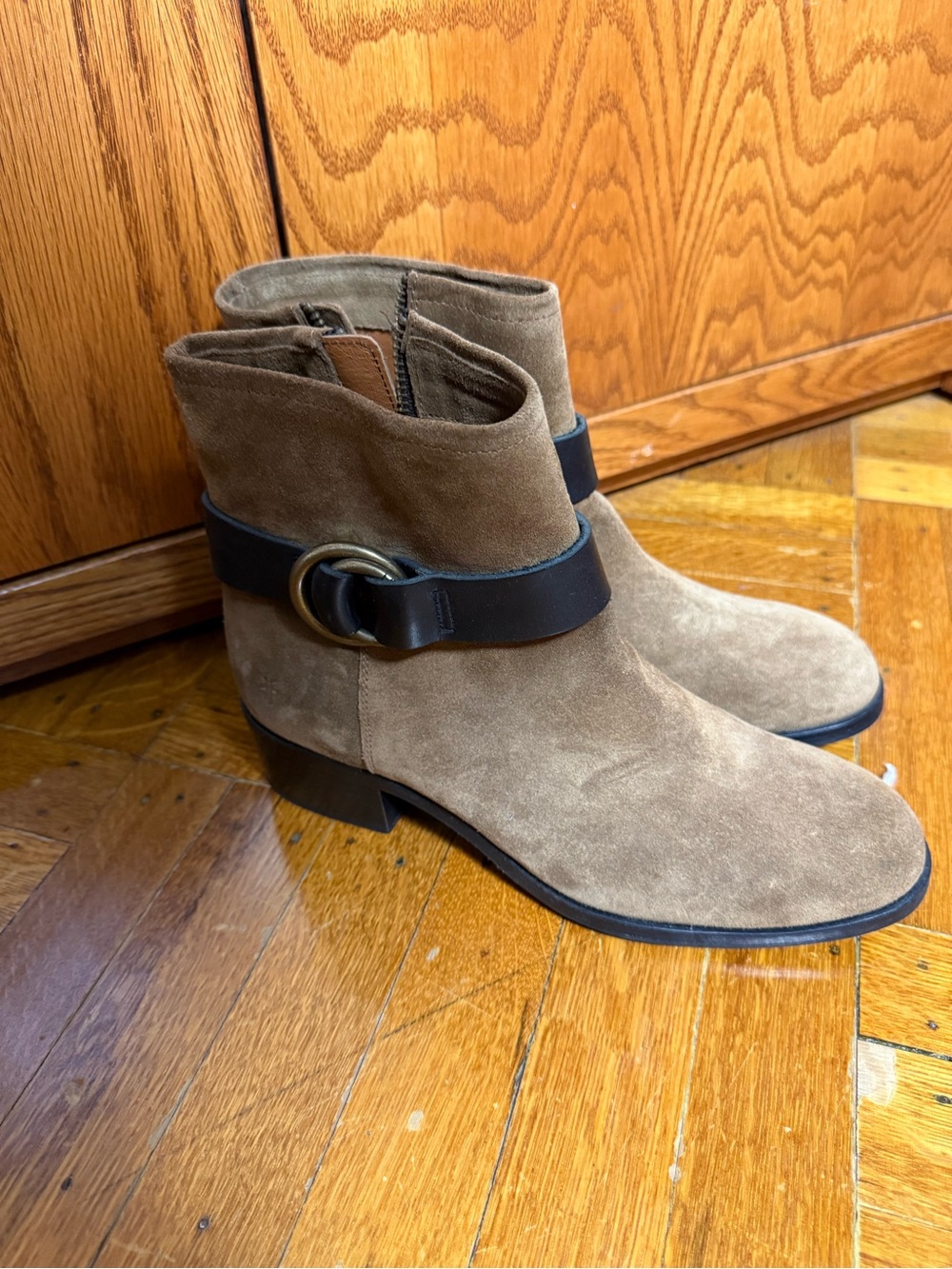 Frye Tan Suede Ankle Boots with Black Strap & Brass Ring